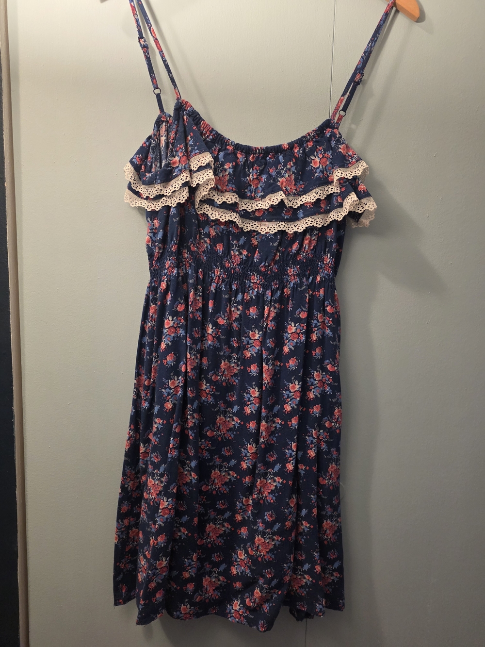 Floral Ruffle Mini Dress - Navy with Pink Flowers